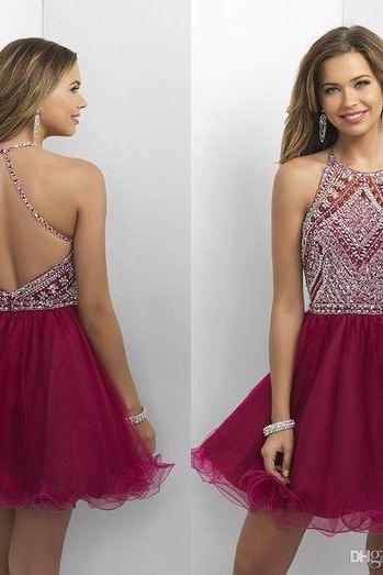 Homecoming Dresses, Homecoming Dresses 2018, Beading Homecoming Dresses, Halter Homecoming Dresses, Backless Tulle Homecoming Dresses, Short Prom