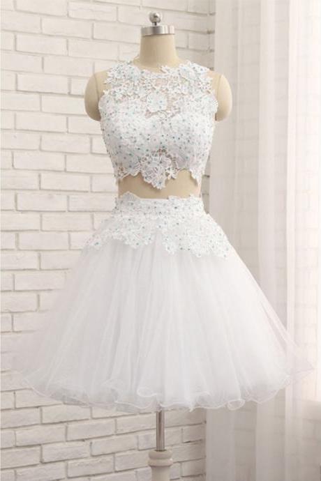 Homecoming Dresses, Homecoming Dresses 2018, Two Pieces Homecoming Dresses, Applique Homecoming Dresses, Beading Tulle Homecoming Dresses, Short