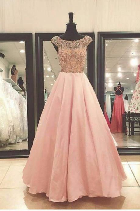 Prom Dresses, Round Neck Prom Dresses, Floor Length Prom Dresses, Beading Prom Dresses, A-line Prom Gowns, Satin Party Dresses, Long Evening
